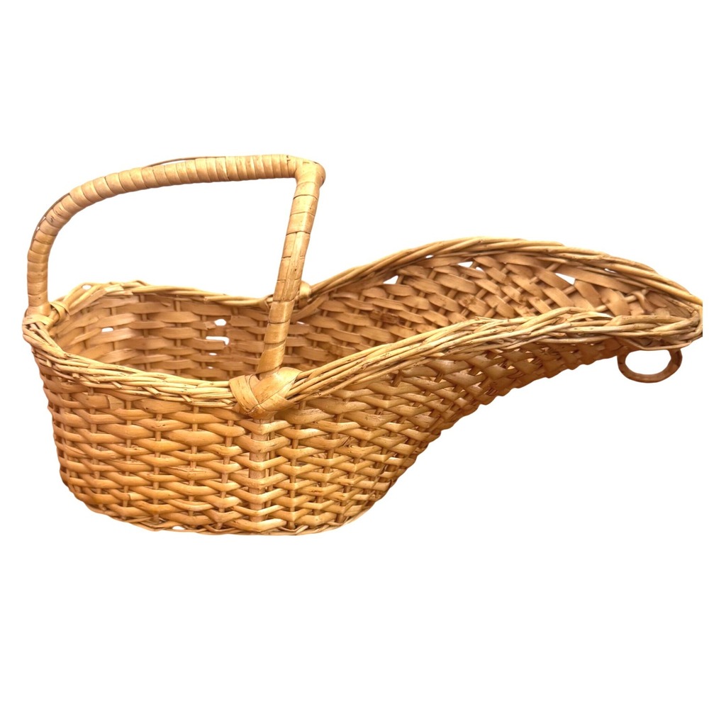 Vintage Woven Wicker Wine Bottle Basket Cradle Cottagecore Natural Rattan Tan